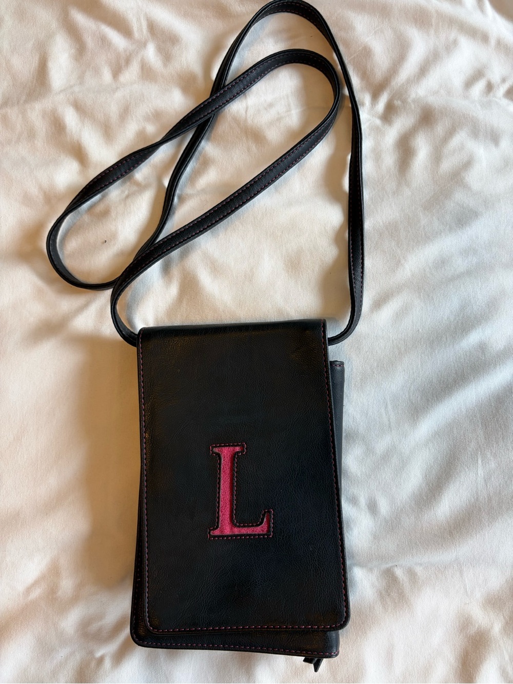 Black Leather Crossbody Phone Bag with Pink 'L' Monogram